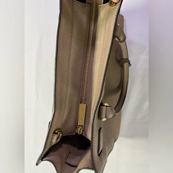 Michael Kors Dillon Medium Saffiano Leather Satchel Taupe Tan Bag Purse - EUC - Picture 9 of 11